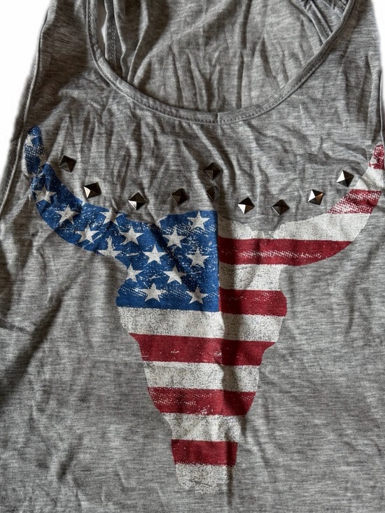 Ginger G Tops - Ginger G Grey Tank with American Flag Bull Graphic